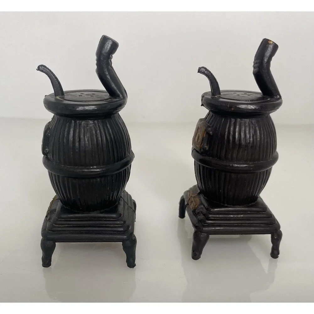 Vintage Pot Belly Stove Salt & Pepper Shakers Black Plastic with Stoppers